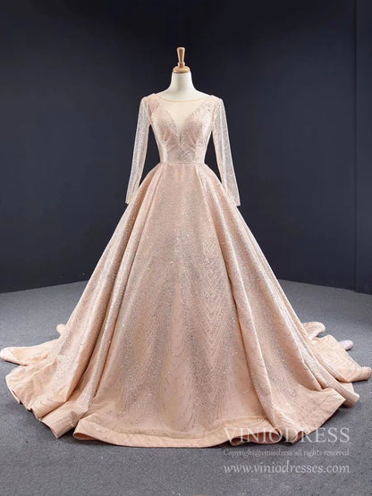 Long Sleeve Sparkly Rose Gold Ball Gown Wedding Dresses FD1997 viniodr Viniodress Long Sleeve Sparkly Rose Gold Ball Gown Wedding Dresses FD1997 viniodr Viniodress