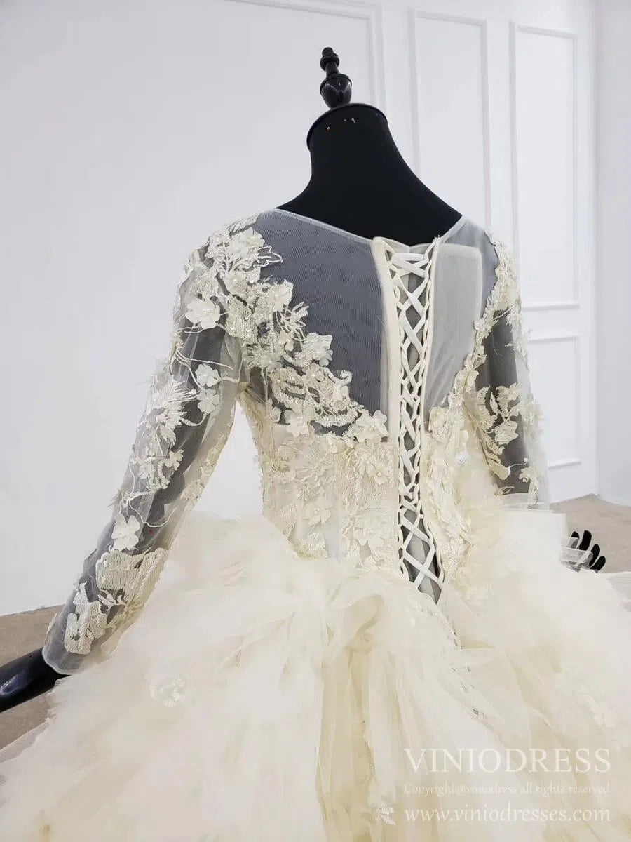 wedding dresses 2025 Long Sleeve Tiered Quince Ball Gown Champagne Wedding Dresses VW1692-plus size wedding dresses Viniodress-As Picture-Custom Size-