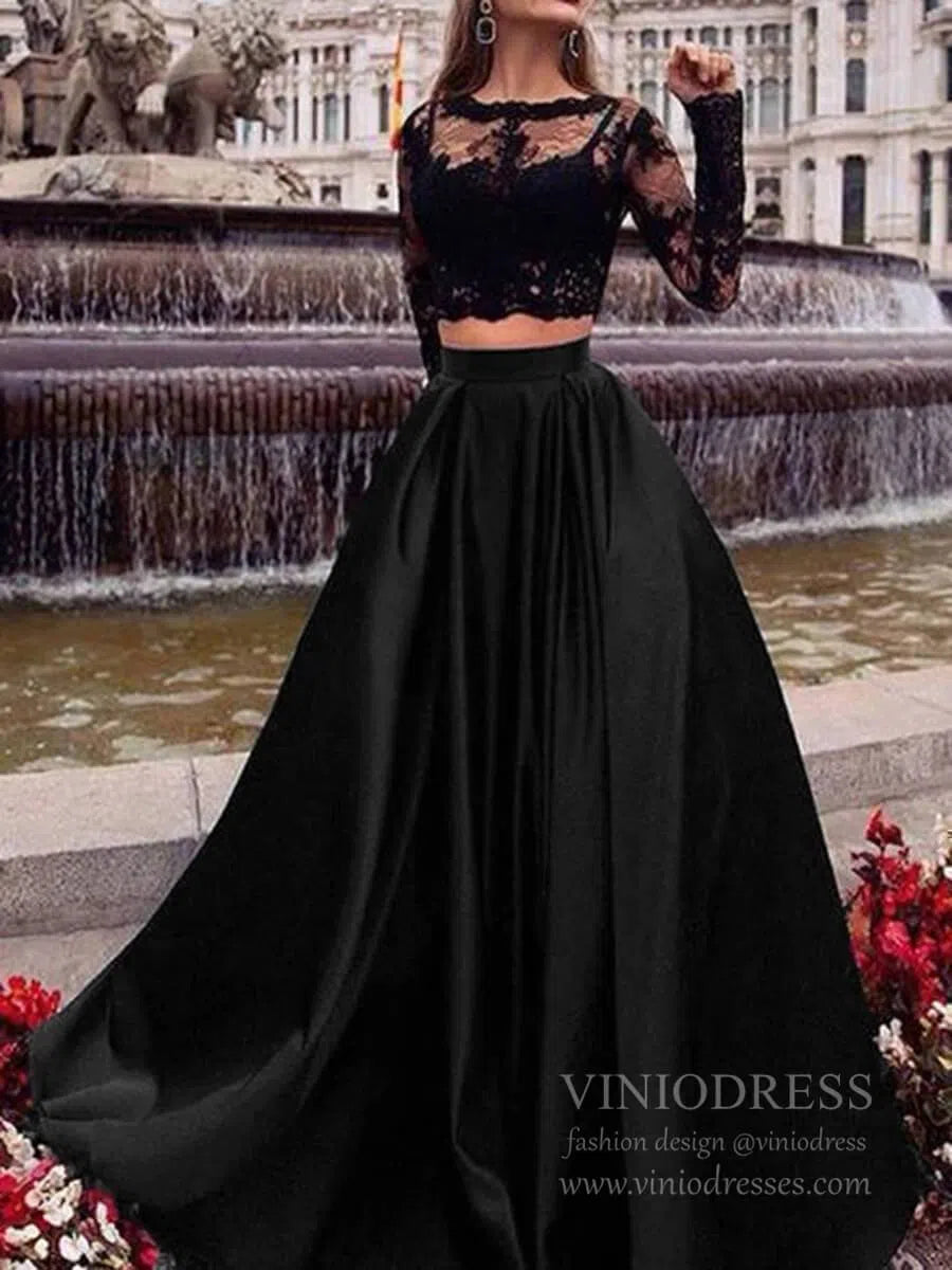 Long Sleeve Two Piece Lace Black Prom Dresses with Pockets FD1711-prom dresses 2025 -Viniodress-Black-Custom Size-
