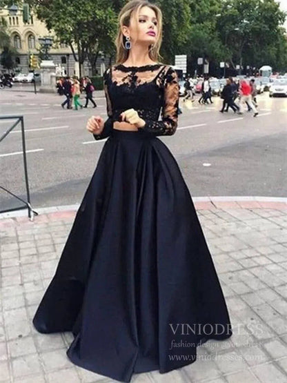 Long Sleeve Two Piece Lace Black Prom Dresses with Pockets FD1711-prom dresses 2025 -Viniodress-Black-Custom Size-