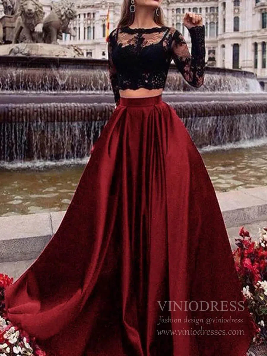Long Sleeve Two Piece Lace Black Prom Dresses with Pockets FD1711-prom dresses 2025 -Viniodress-Black-Custom Size-