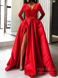 Prom Dress 2025 Long Sleeve V Neck Black and Burgundy Prom Dresses with Pockets FD1595-unique prom dresses-Red-Custom Size-Viniodress