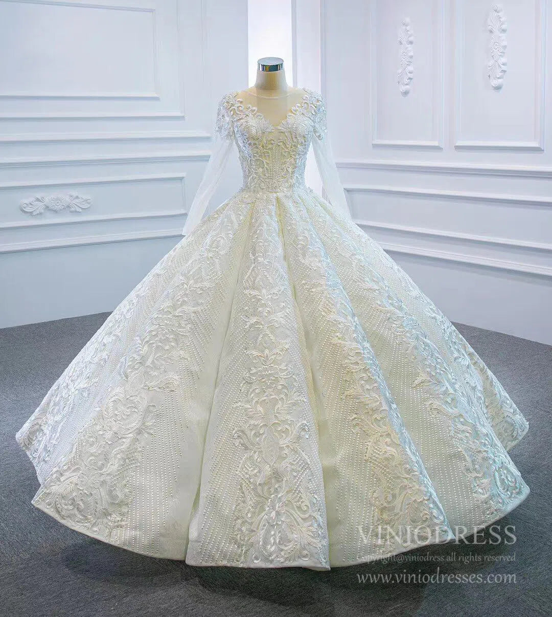 Long Sleeve Vintage Lace Wedding Dresses Princess Ball Gown VW1036-wedding dresses 2025 -Viniodress-Ivory-Custom Size-