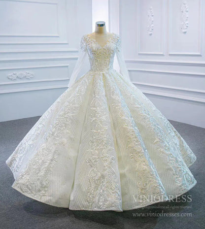Long Sleeve Vintage Lace Wedding Dresses Princess Ball Gown VW1036-wedding dresses 2025 -Viniodress-Ivory-Custom Size-