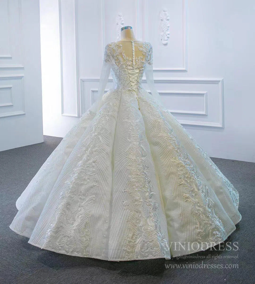Long Sleeve Vintage Lace Wedding Dresses Princess Ball Gown VW1036-wedding dresses 2025 -Viniodress-Ivory-Custom Size-