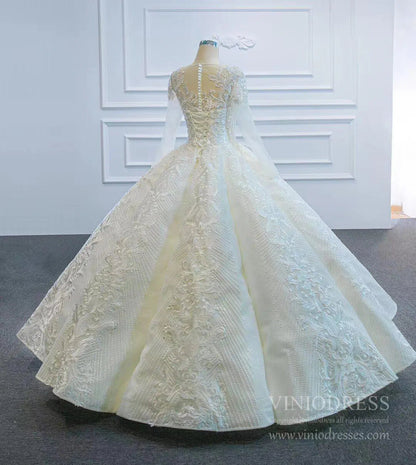 Long Sleeve Vintage Lace Wedding Dresses Princess Ball Gown VW1036-wedding dresses 2025 -Viniodress-Ivory-Custom Size-