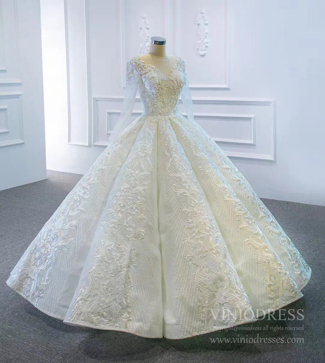 Long Sleeve Vintage Lace Wedding Dresses Princess Ball Gown VW1036-wedding dresses 2025 -Viniodress-Ivory-Custom Size-
