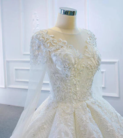 Long Sleeve Vintage Lace Wedding Dresses Princess Ball Gown VW1036-wedding dresses 2025 -Viniodress-Ivory-Custom Size-