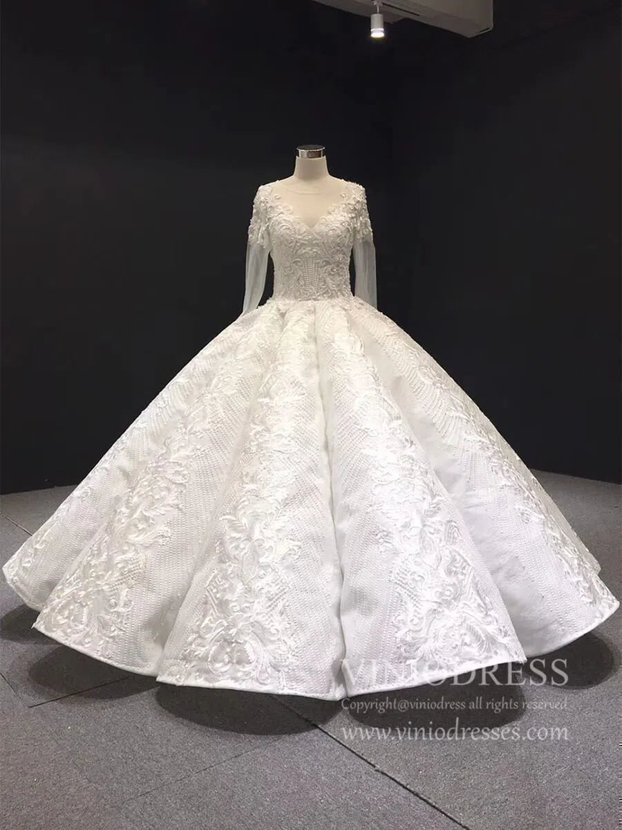 Long Sleeve Vintage Lace Wedding Dresses Princess Ball Gown VW1036-wedding dresses 2025 -Viniodress-Ivory-Custom Size-