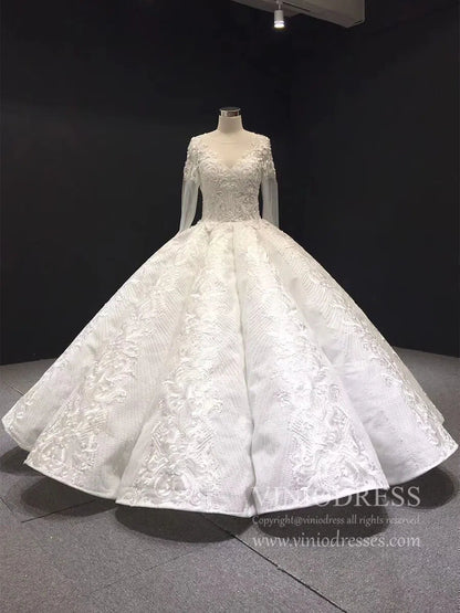 Long Sleeve Vintage Lace Wedding Dresses Princess Ball Gown VW1036-wedding dresses 2025 -Viniodress-Ivory-Custom Size-