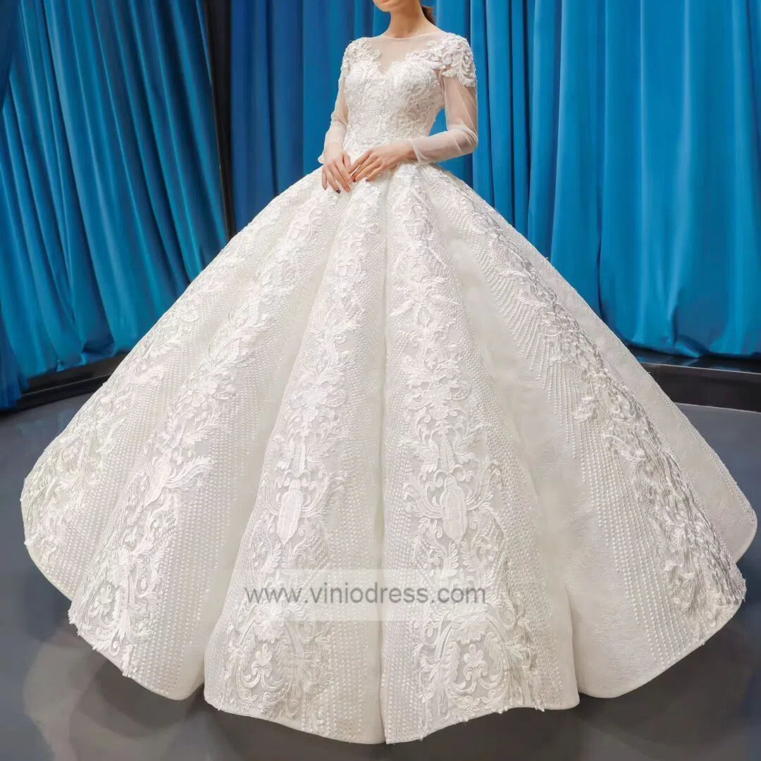 Long Sleeve Vintage Lace Wedding Dresses Princess Ball Gown VW1036-wedding dresses-Viniodress-Viniodress