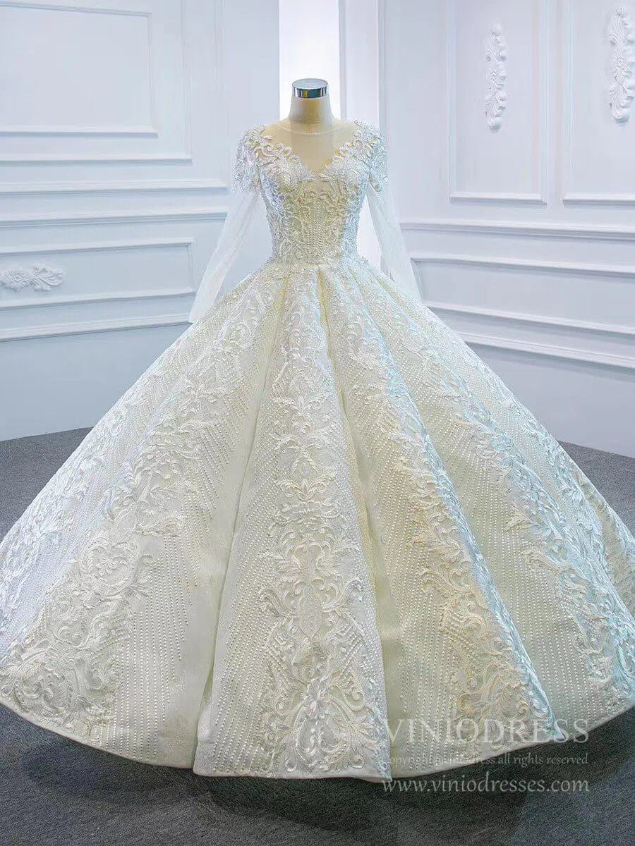 Long Sleeve Vintage Lace Wedding Dresses Princess Ball Gown VW1036-wedding dresses-Viniodress-Viniodress