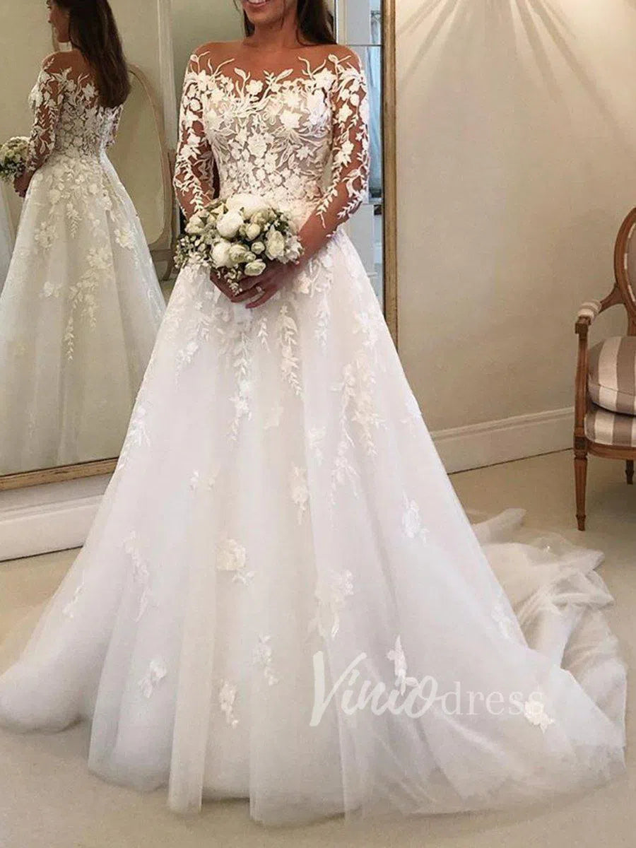Long Sleeve Wedding Dress | Illusion Neckline Lace Appliqué Tulle A-Line Bridal Gown VW1209-wedding dresses 2025 -Viniodress-Ivory-Dress Only-Custom Size