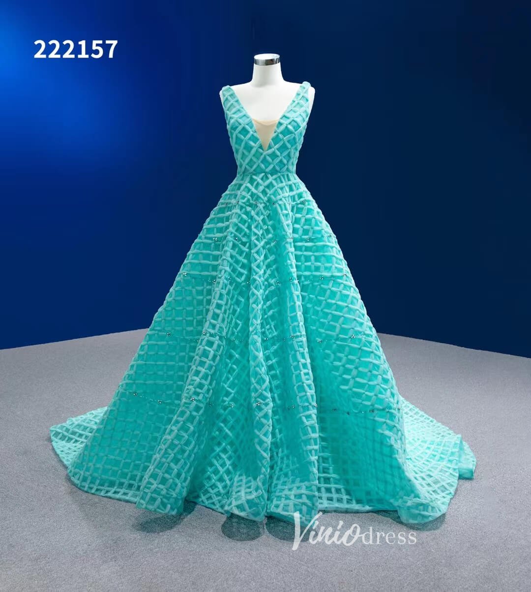 Long Tiffany Blue Prom Dress V-neck Braided Pageant Dress 222157-prom dresses 2025 -Viniodress-Aqua-Custom Size-