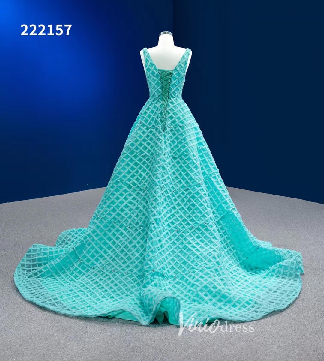 Long Tiffany Blue Prom Dress V-neck Braided Pageant Dress 222157-prom dresses 2025 -Viniodress-Aqua-Custom Size-