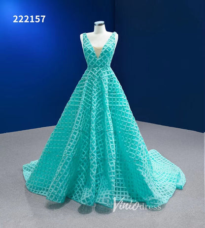 Long Tiffany Blue Prom Dress V-neck Braided Pageant Dress 222157-prom dresses 2025 -Viniodress-Aqua-Custom Size-