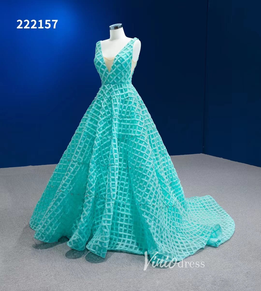 Long Tiffany Blue Prom Dress V-neck Braided Pageant Dress 222157-prom dresses 2025 -Viniodress-Aqua-Custom Size-