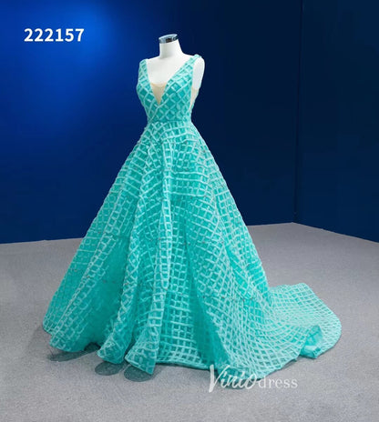 Long Tiffany Blue Prom Dress V-neck Braided Pageant Dress 222157-prom dresses 2025 -Viniodress-Aqua-Custom Size-