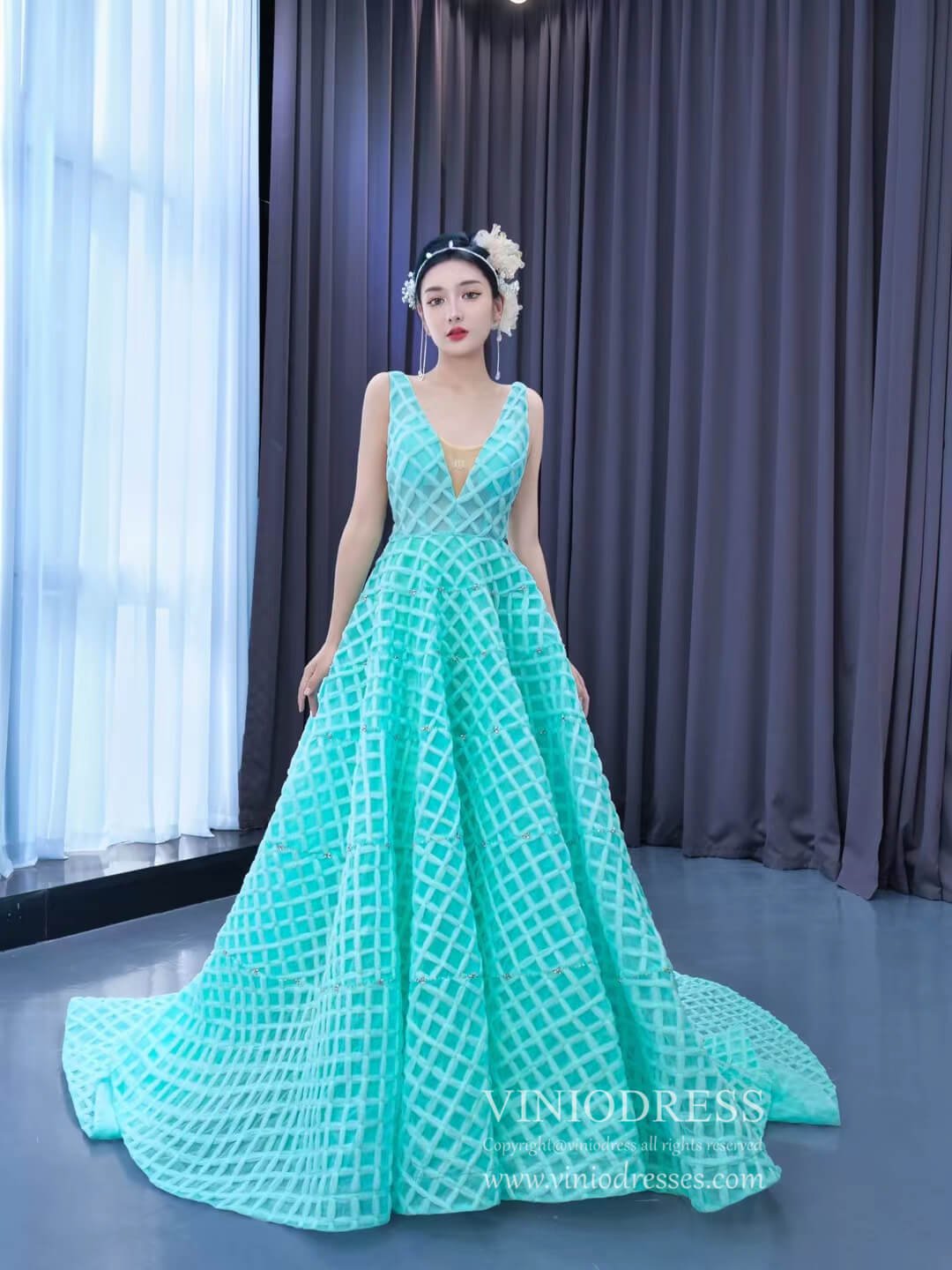 Long Tiffany Blue Prom Dress V-neck Braided Pageant Dress 222157-prom dresses 2025 -Viniodress-Aqua-Custom Size-