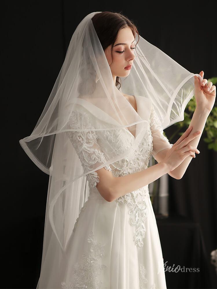 Long Tulle Blusher Veil Drop Bridal Veils Viniodress AC1308-Bridal Veil 2025 -Viniodress-Ivory-