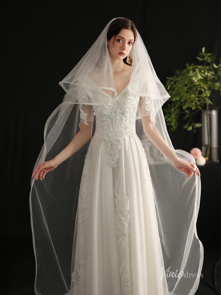 Long Tulle Blusher Veil Drop Bridal Veils Viniodress AC1308-Bridal Veil 2025 -Viniodress-Ivory-