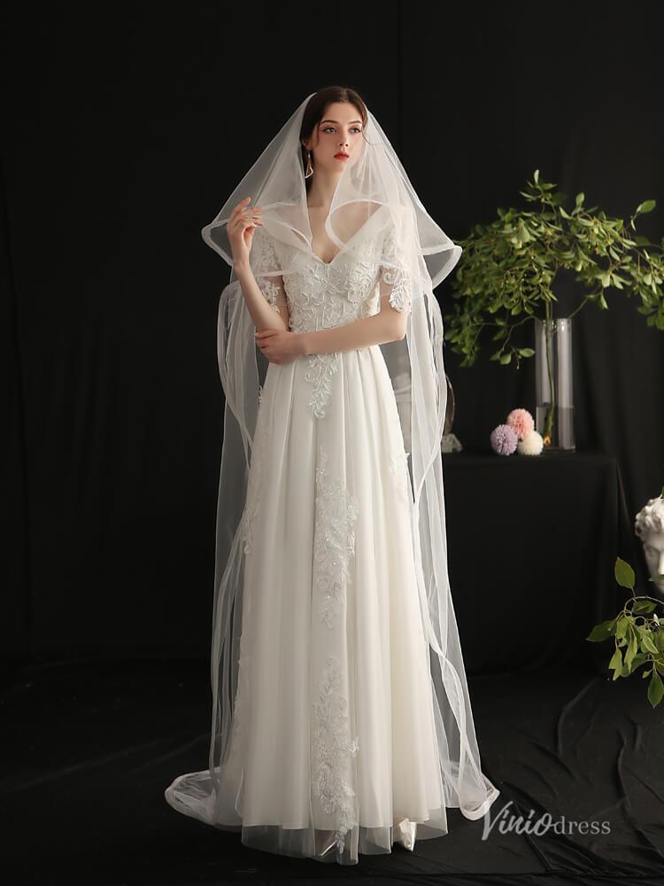 Long Tulle Blusher Veil Drop Bridal Veils Viniodress AC1308-Bridal Veil 2025 -Viniodress-Ivory-