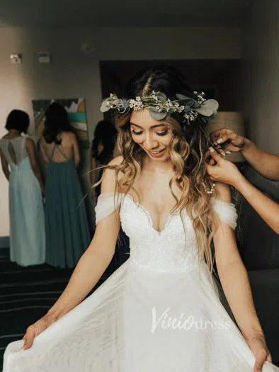 Long Tulle Simple Beach Wedding Dresses Off the Shoulder VW1135-wedding dresses-Viniodress-Viniodress