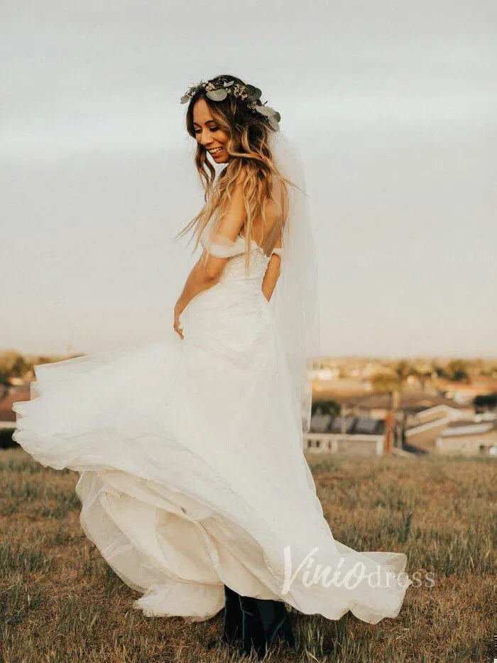 Long Tulle Simple Beach Wedding Dresses Off the Shoulder VW1135-wedding dresses-Viniodress-Viniodress