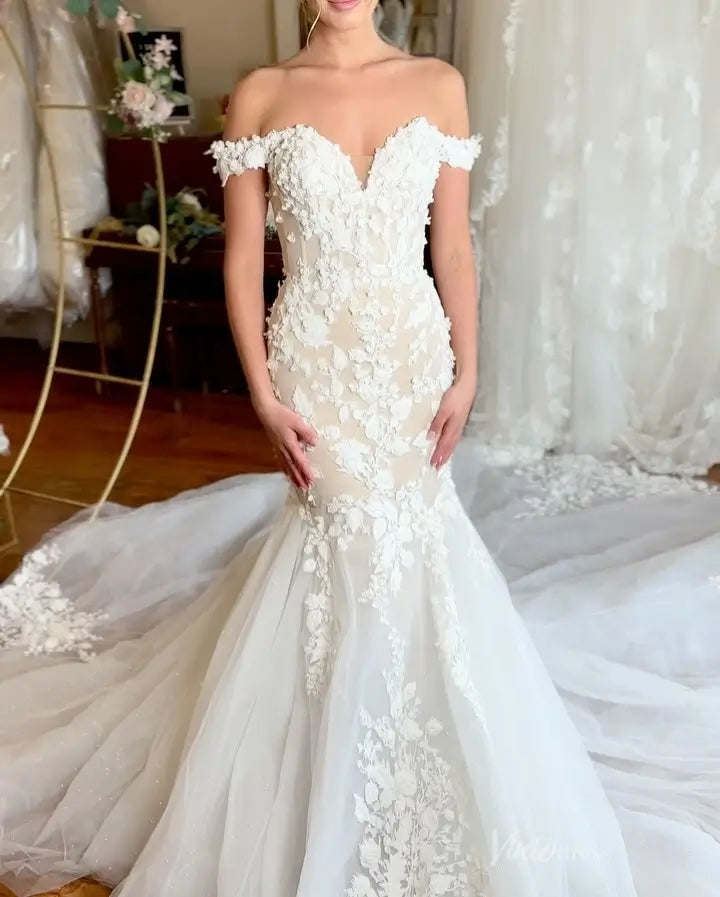 Luxurious Ivory 3D Floral Off-Shoulder Mermaid Wedding Dress with Sculpted Corset & Chapel Train – ML149-wedding dresses 2025 -Viniodress-Ivory-Custom Size-