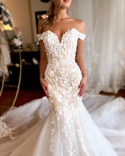 Luxurious Ivory 3D Floral Off-Shoulder Mermaid Wedding Dress with Sculpted Corset & Chapel Train – ML149-wedding dresses 2025 -Viniodress-Ivory-Custom Size-