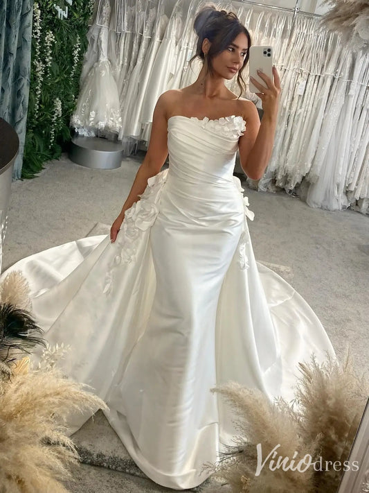 Luxury 2 in 1 Satin Mermaid Wedding Dresses with Detachable Overskirt, Handmade Flower Appliques, Chapel Train, Ruched Bodice – VW2610-wedding dresses 2025 -Viniodress-Ivory-Custom Size-