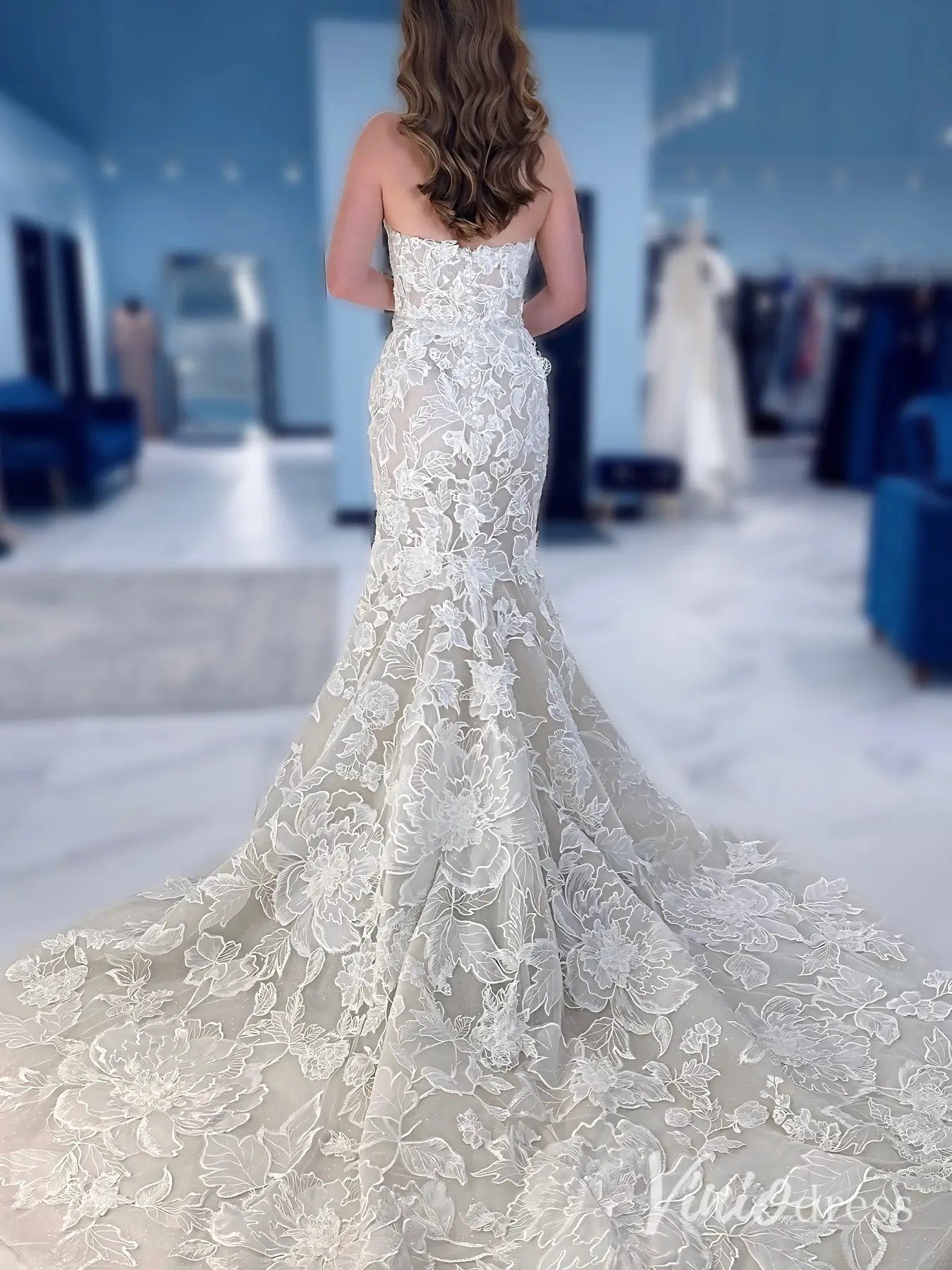 Luxury 3D Floral Mermaid Wedding Dress with Plunging Neckline and Detachable Off-Shoulder Sleeves – ML127-wedding dresses 2025 -Viniodress-Nude-Custom Size-