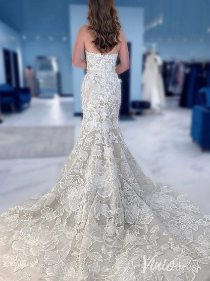 Luxury 3D Floral Mermaid Wedding Dress with Plunging Neckline and Detachable Off-Shoulder Sleeves – ML127-wedding dresses 2025 -Viniodress-Nude-Custom Size-