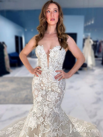 Luxury 3D Floral Mermaid Wedding Dress with Plunging Neckline and Detachable Off-Shoulder Sleeves – ML127-wedding dresses 2025 -Viniodress-Nude-Custom Size-
