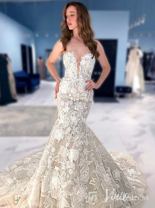 Luxury 3D Floral Mermaid Wedding Dress with Plunging Neckline and Detachable Off-Shoulder Sleeves – ML127-wedding dresses 2025 -Viniodress-Nude-Custom Size-
