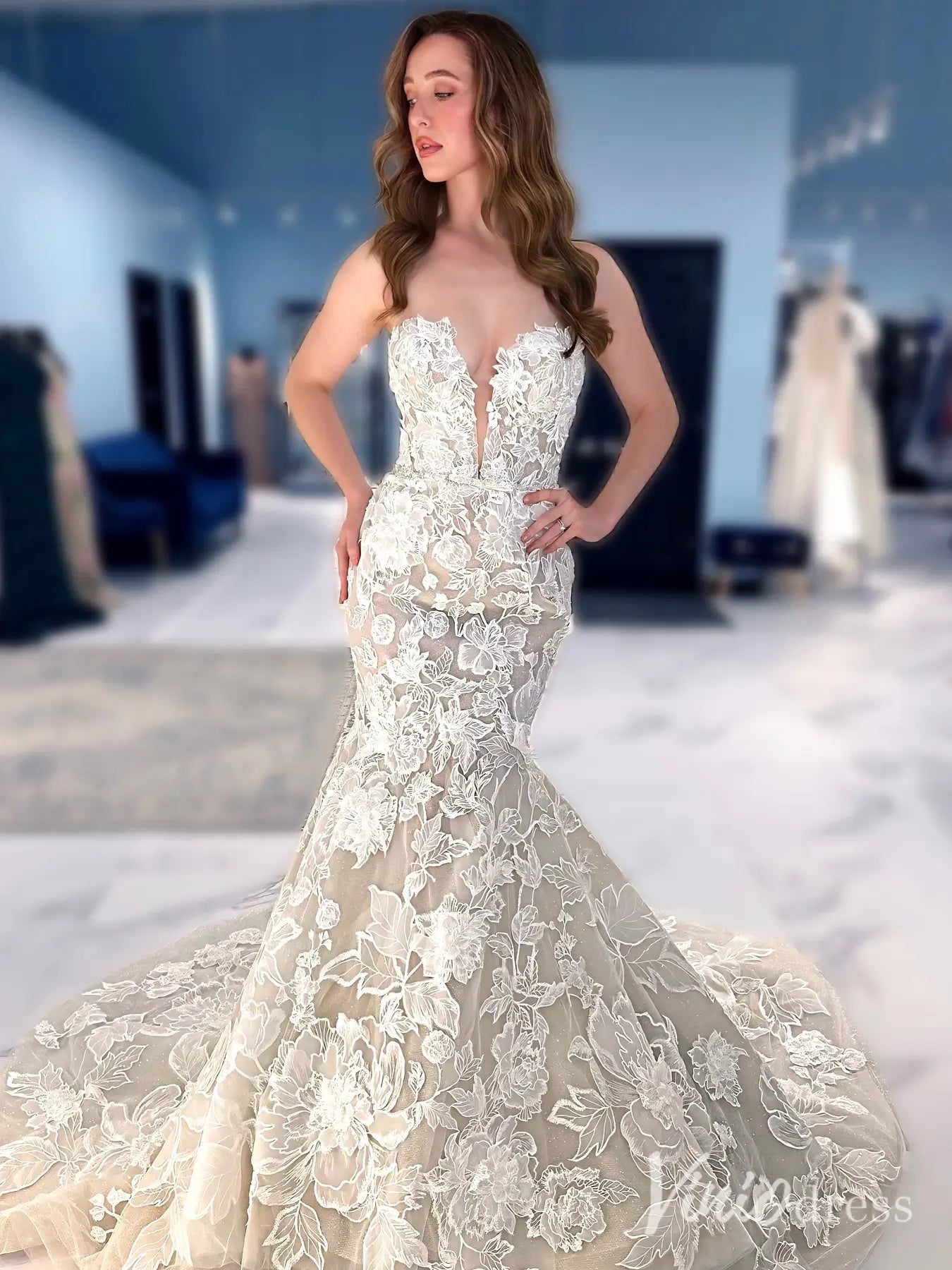 Luxury 3D Floral Mermaid Wedding Dress with Plunging Neckline and Detachable Off-Shoulder Sleeves – ML127-wedding dresses 2025 -Viniodress-Nude-Custom Size-