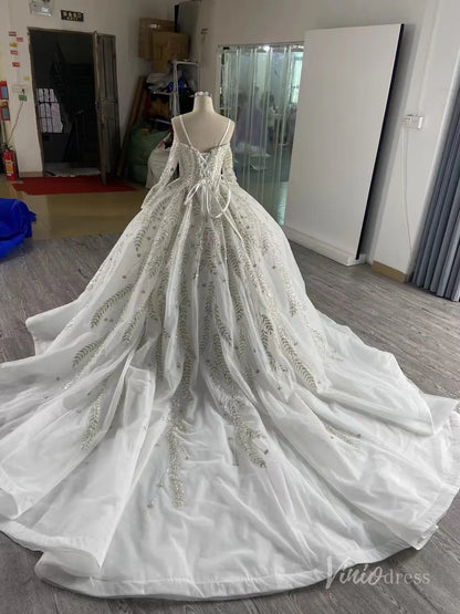 Luxury Ball Gown Wedding Dresses with Long Sleeves| Off-the-Shoulder, Sparkly Beaded Lace & Chapel Train 67284-wedding dresses 2025 -Viniodress-Ivory-Custom Size-