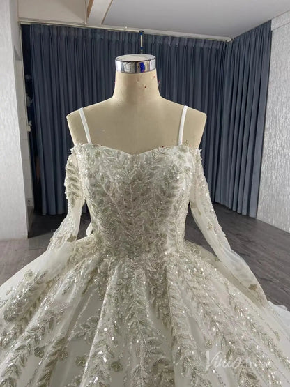 Luxury Ball Gown Wedding Dresses with Long Sleeves| Off-the-Shoulder, Sparkly Beaded Lace & Chapel Train 67284-wedding dresses 2025 -Viniodress-Ivory-Custom Size-