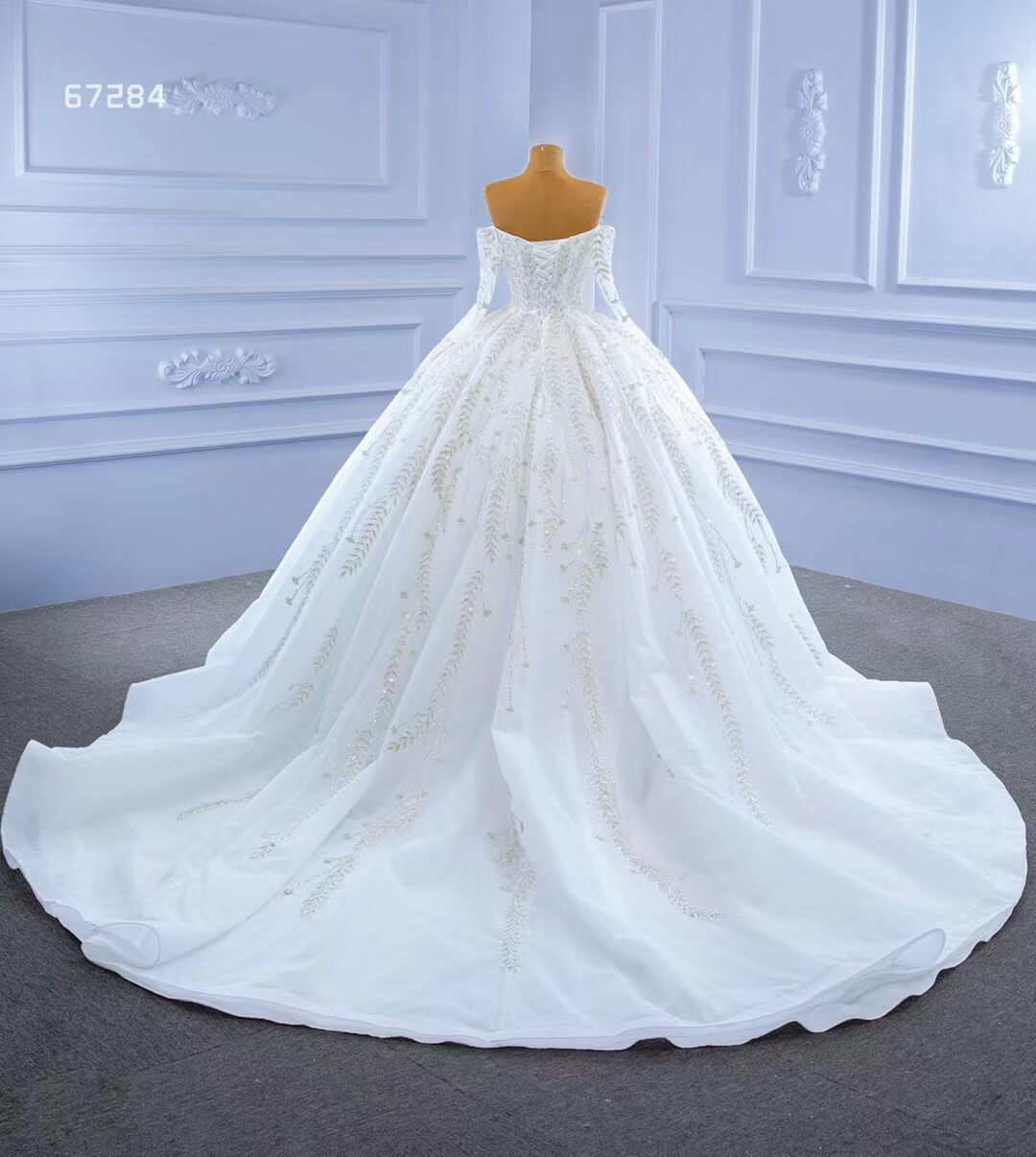 Luxury Ball Gown Wedding Dresses with Long Sleeves| Off-the-Shoulder, Sparkly Beaded Lace & Chapel Train 67284-wedding dresses 2025 -Viniodress-Ivory-Custom Size-