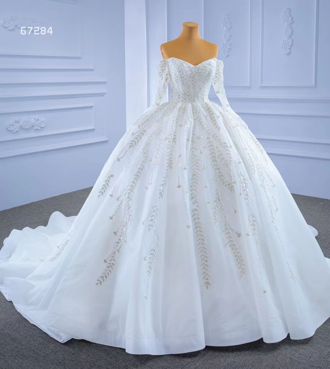 Luxury Ball Gown Wedding Dresses with Long Sleeves| Off-the-Shoulder, Sparkly Beaded Lace & Chapel Train 67284-wedding dresses 2025 -Viniodress-Ivory-Custom Size-