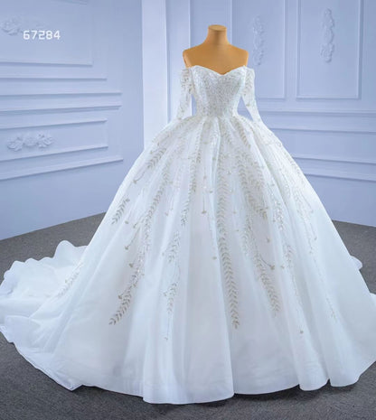 Luxury Ball Gown Wedding Dresses with Long Sleeves| Off-the-Shoulder, Sparkly Beaded Lace & Chapel Train 67284-wedding dresses 2025 -Viniodress-Ivory-Custom Size-