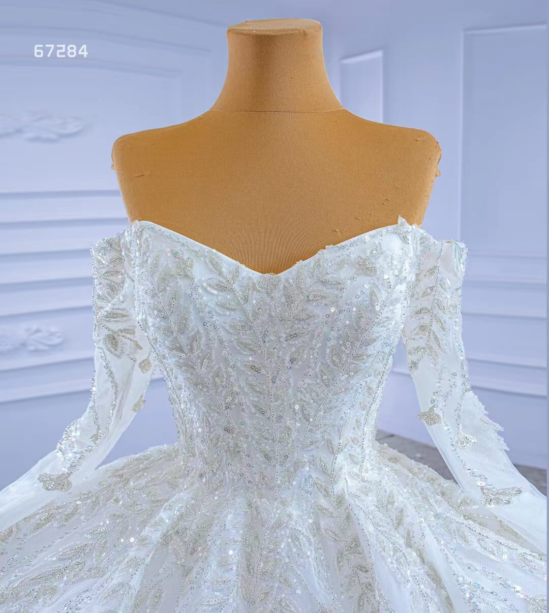 Luxury Ball Gown Wedding Dresses with Long Sleeves| Off-the-Shoulder, Sparkly Beaded Lace & Chapel Train 67284-wedding dresses 2025 -Viniodress-Ivory-Custom Size-