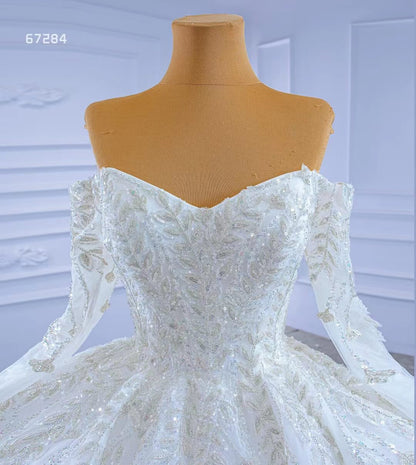 Luxury Ball Gown Wedding Dresses with Long Sleeves| Off-the-Shoulder, Sparkly Beaded Lace & Chapel Train 67284-wedding dresses 2025 -Viniodress-Ivory-Custom Size-