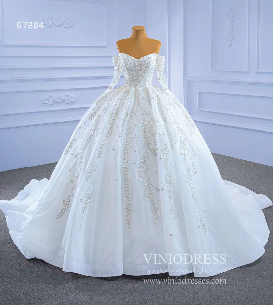 Luxury Ball Gown Wedding Dresses with Long Sleeves| Off-the-Shoulder, Sparkly Beaded Lace & Chapel Train 67284-wedding dresses 2025 -Viniodress-Ivory-Custom Size-