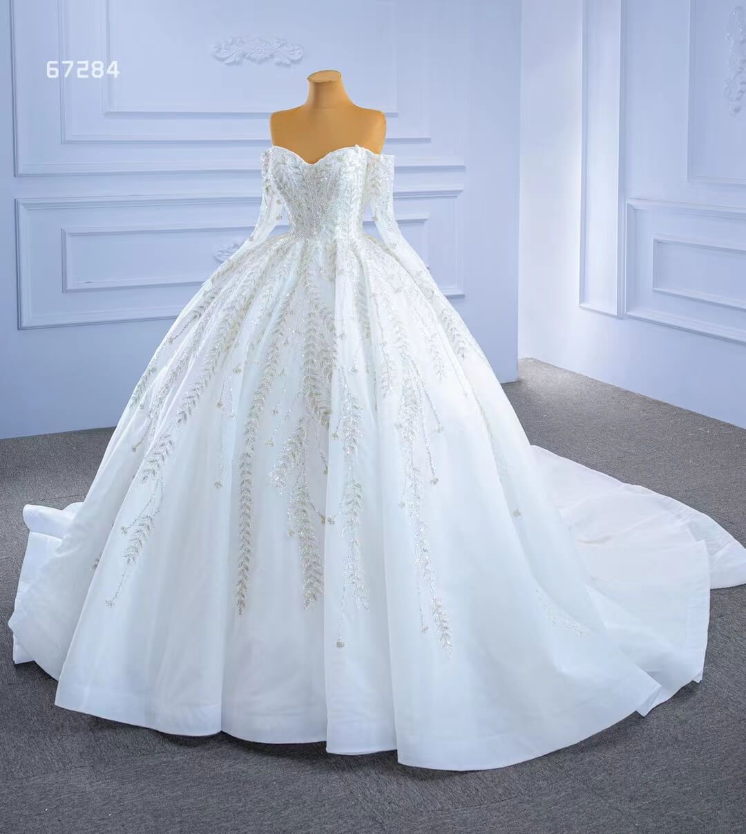 Luxury Ball Gown Wedding Dresses with Long Sleeves| Off-the-Shoulder, Sparkly Beaded Lace & Chapel Train 67284-wedding dresses 2025 -Viniodress-Ivory-Custom Size-