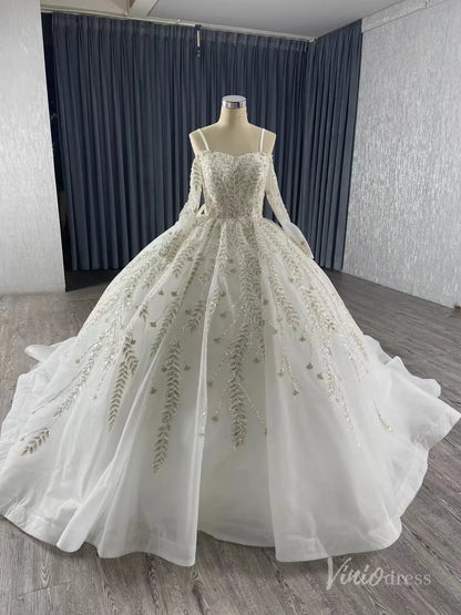 Luxury Ball Gown Wedding Dresses with Long Sleeves| Off-the-Shoulder, Sparkly Beaded Lace & Chapel Train 67284-wedding dresses 2025 -Viniodress-Ivory-Custom Size-