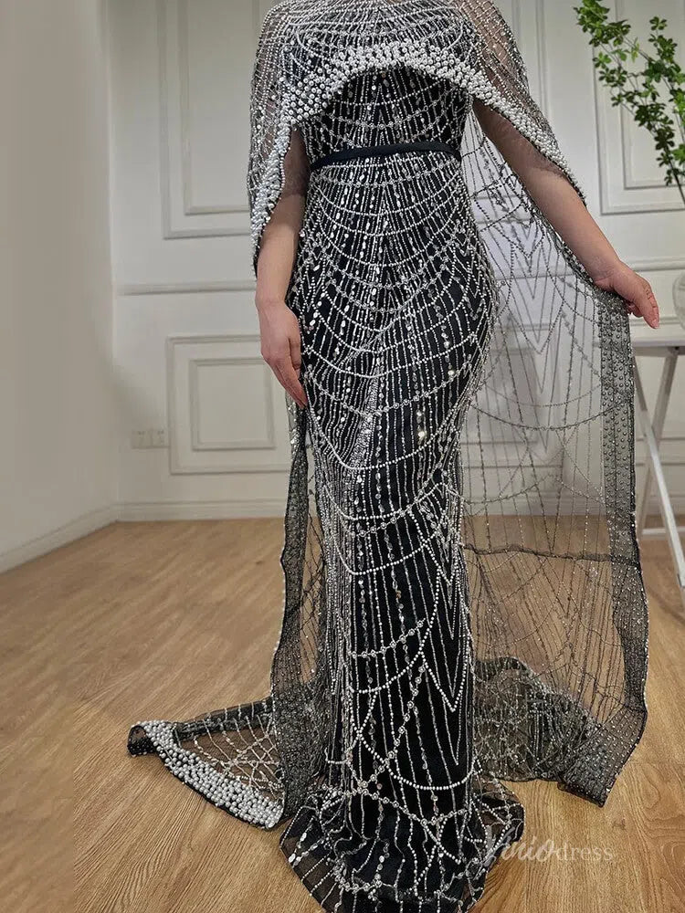 Luxury Beaded 20s Evening Gowns Gatsby Formal Dresses with Cape 20201-prom dresses-Viniodress-Black-US 2-Viniodress