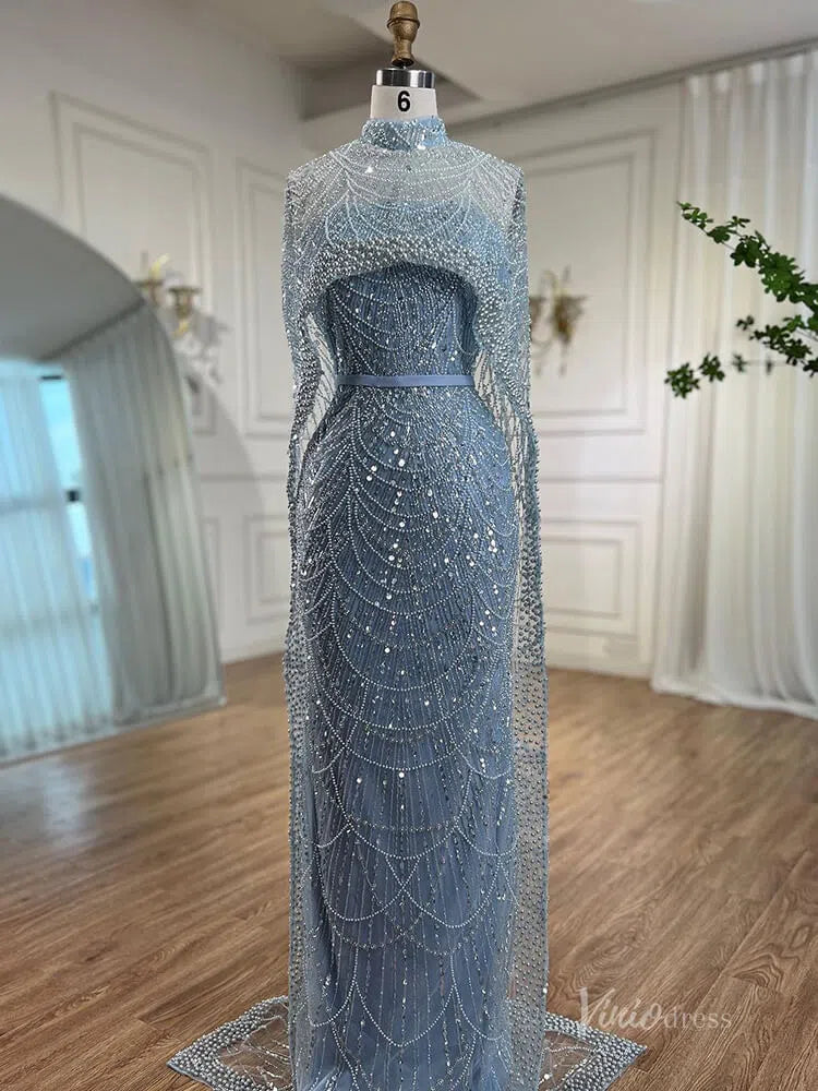 Luxury Beaded 20s Evening Gowns Gatsby Formal Dresses with Cape 20201-prom dresses-Viniodress-Blue-US 2-Viniodress