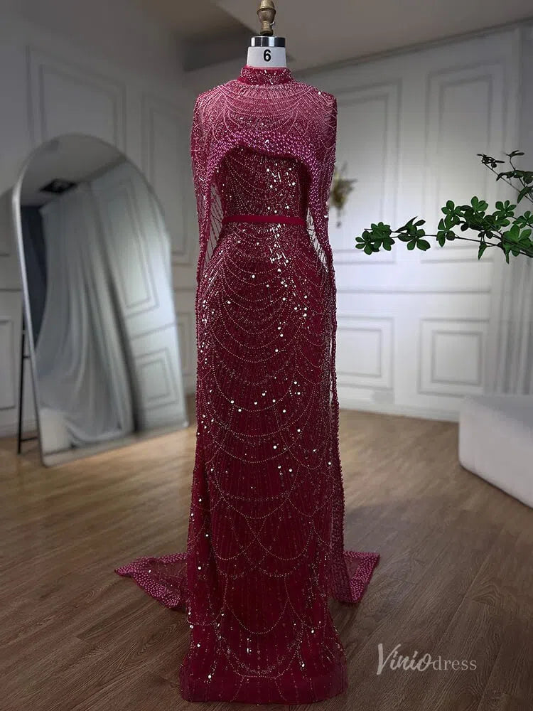 Luxury Beaded 20s Evening Gowns Gatsby Formal Dresses with Cape 20201-prom dresses-Viniodress-Burgundy-US 2-Viniodress