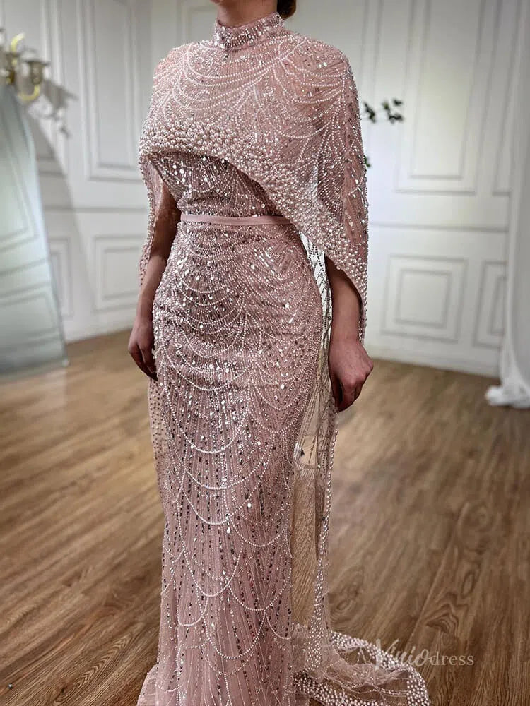 Luxury Beaded 20s Evening Gowns Gatsby Formal Dresses with Cape 20201-prom dresses-Viniodress-Pink-US 2-Viniodress